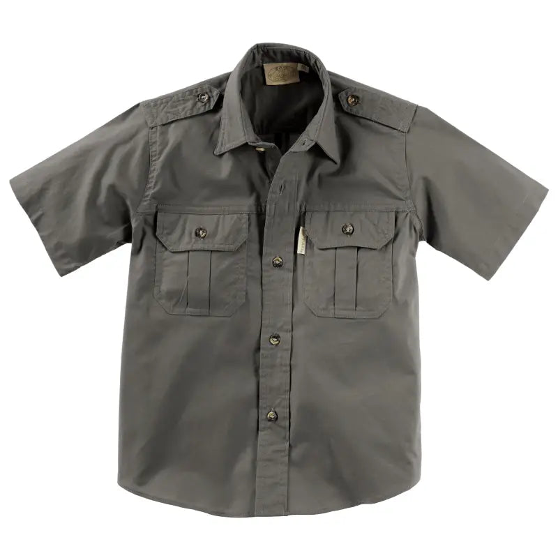 Gray Trail Shirt for Kids featuring short sleeves, chest pockets, and epaulettes