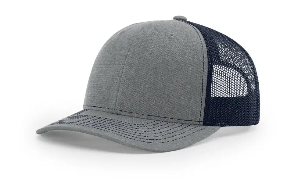 Gray and navy trucker hat with leather patch for first responders and firefighter enthusiasts