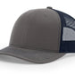 Gray and navy trucker hat with leather patch inspired by First Responders and Firefighters