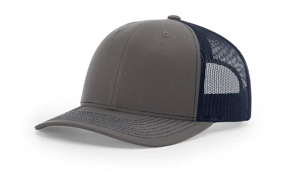 Gray and navy trucker hat with leather patch inspired by First Responders and Firefighters