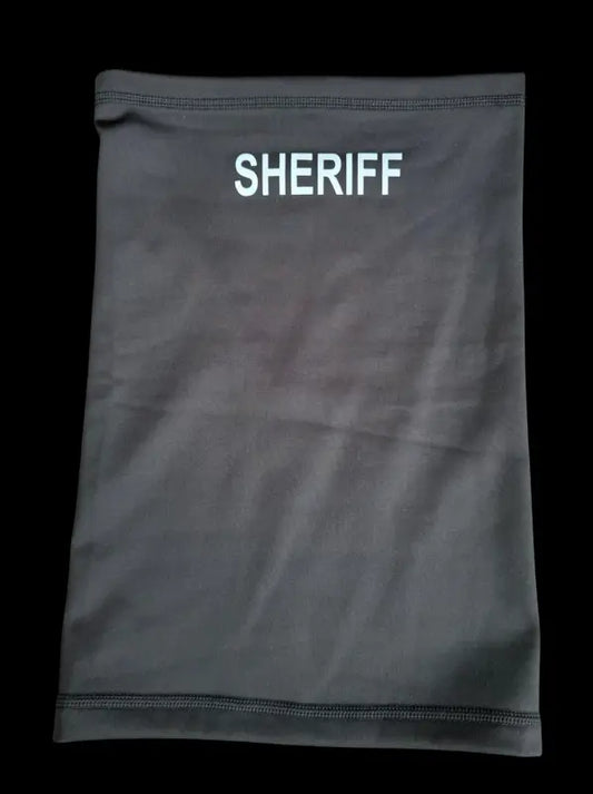 Gray fleece lined neck gaiter with SHERIFF text for first responders and firefighters