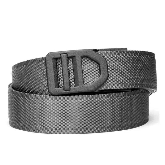 Gray tactical nylon gun belt with black buckle for daily concealed carry