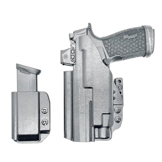Gray pistol in holster with magazine holder for Sig P365-FUSE and Streamlight TLR-7