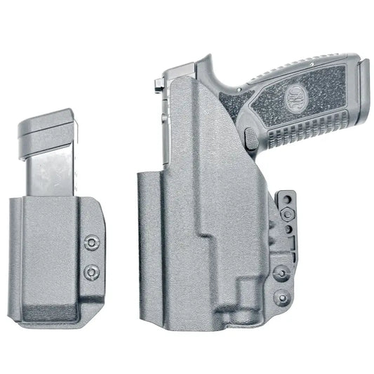 Gray pistol and magazine in inside waistband holsters from Four Brothers Holsters