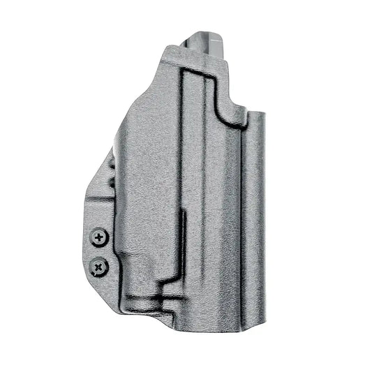 Gray plastic P365-FUSE holster for Sig Sauer with light mounted and open top design