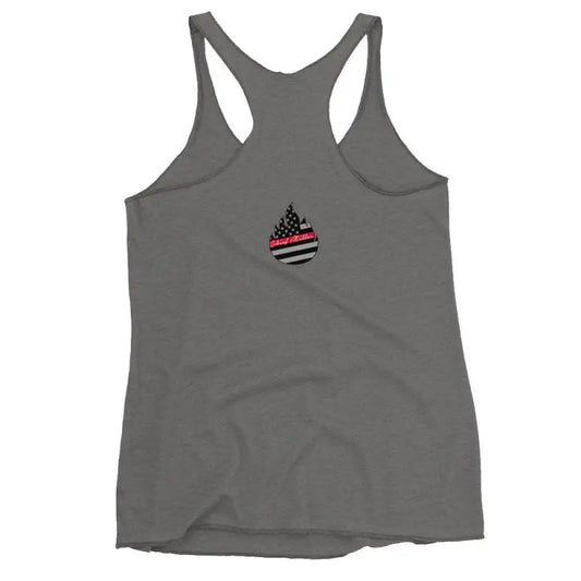 Gray EMS Women’s Racerback Tank featuring an American flag emblem and vintage shocking pink accents