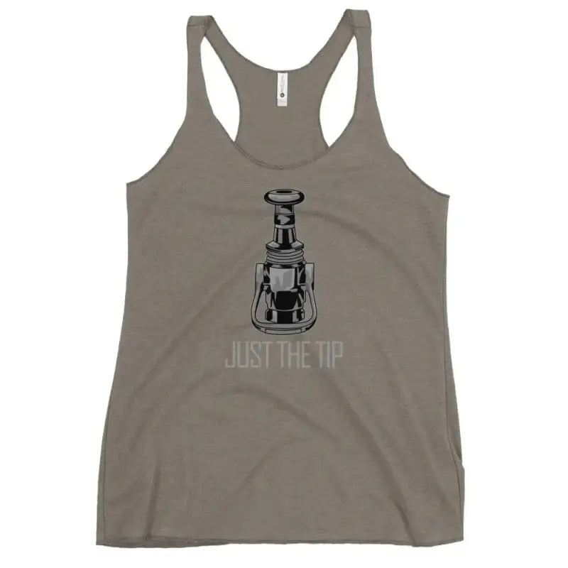 Gray racerback tank top with black lantern graphic and JUST THE TIP text for women