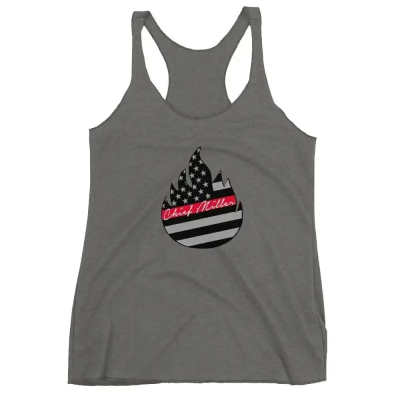 Gray racerback tank top with black and pink flame logo and American flag pattern