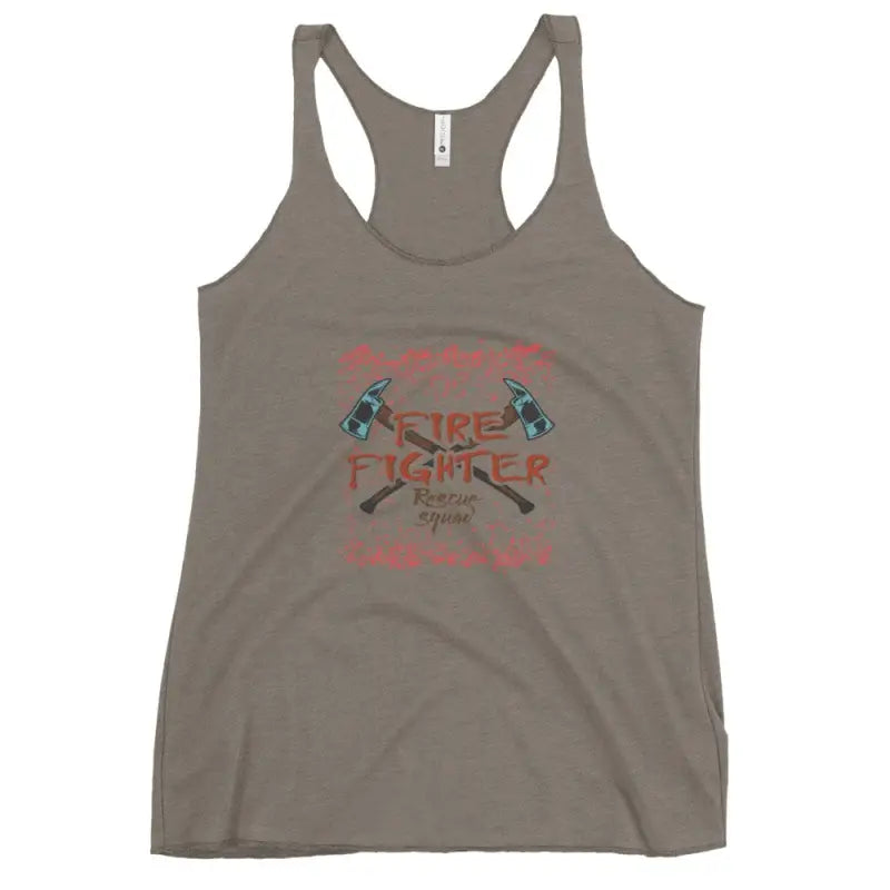 Gray racerback tank top with Fire Fighter design and crossed axes in vintage turquoise