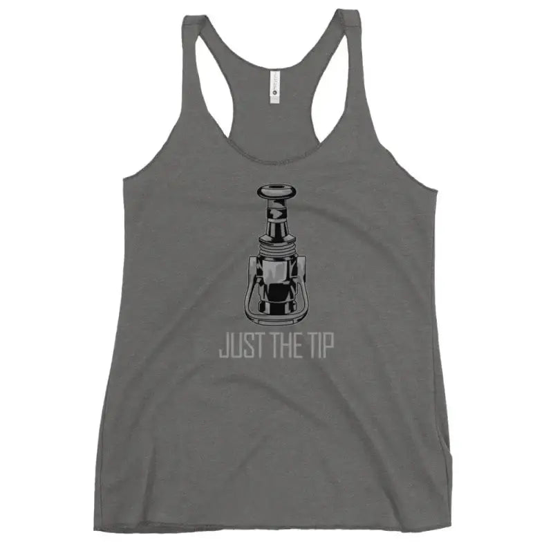 Gray racerback tank top featuring lantern graphic and JUST THE TIP text design