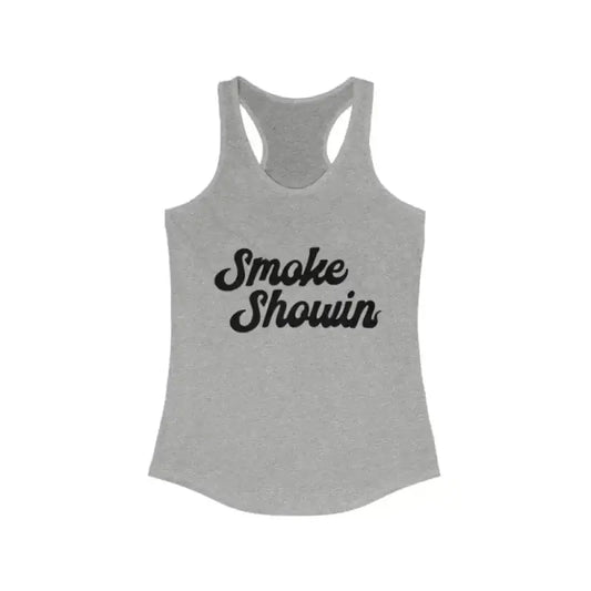 Gray Smoke Showin Women’s Racerback Tank Top with black script lettering design