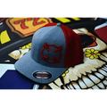 Gray and red Maltese Cross Puff Flexfit Melange Trucker Cap with embroidered logo