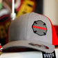 Gray and red Flexfit Y6311 cap featuring a firefighter Maltese Cross logo