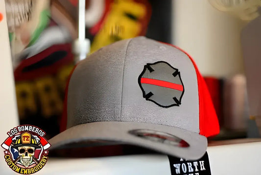 Gray and red Flexfit Y6311 cap featuring a firefighter Maltese Cross logo