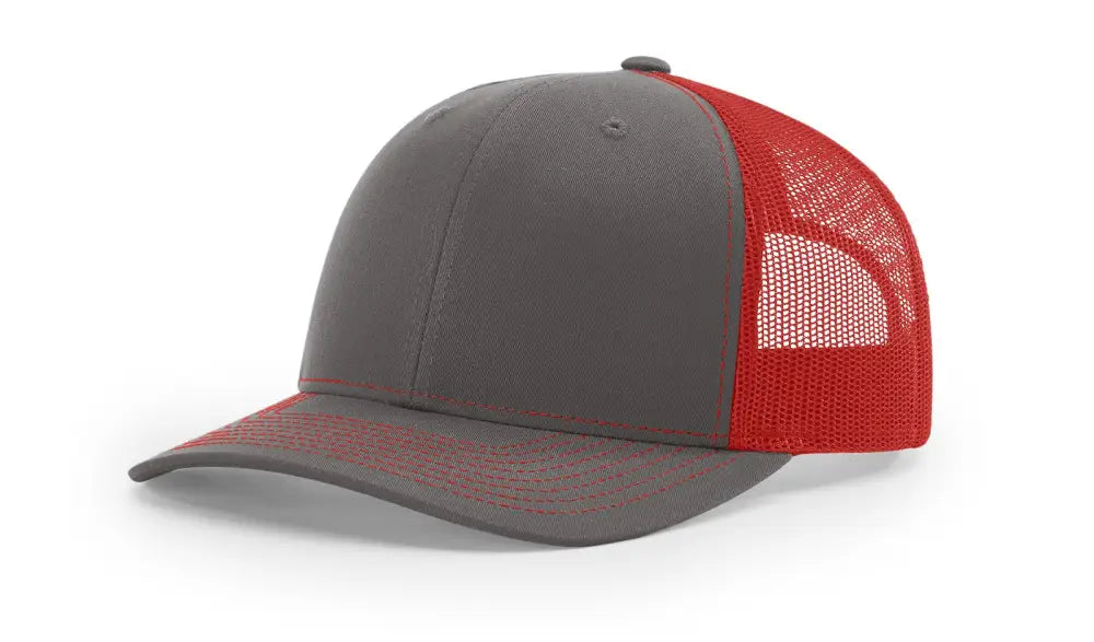 Gray and red trucker hat with leather patch for first responders and firefighters, Dumpster Fire