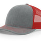 Gray and red trucker hat with leather patch for first responders and firefighter support