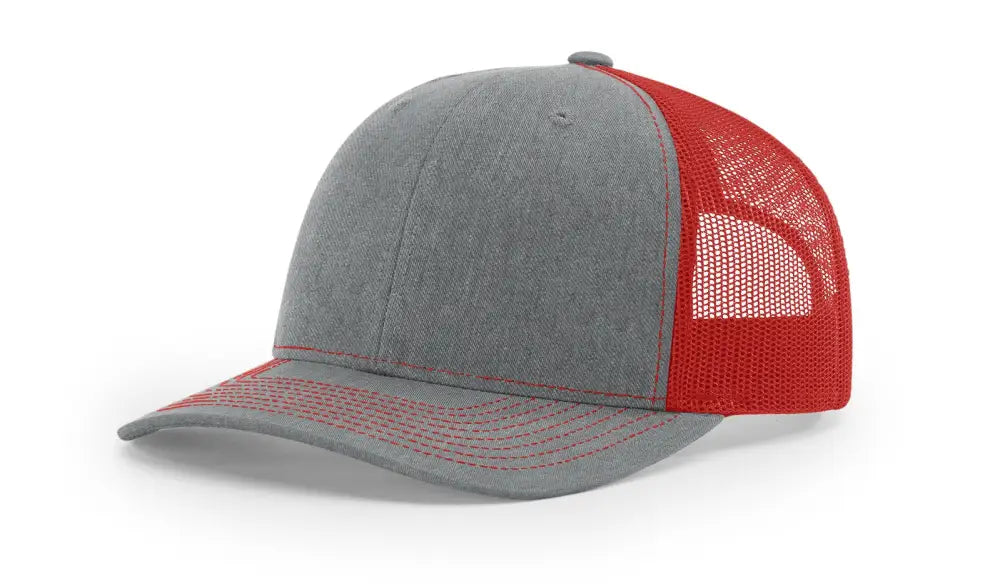 Gray and red trucker hat with leather patch for first responders and firefighter support