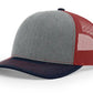 Gray and red trucker hat with leather patch for first responders and firefighters