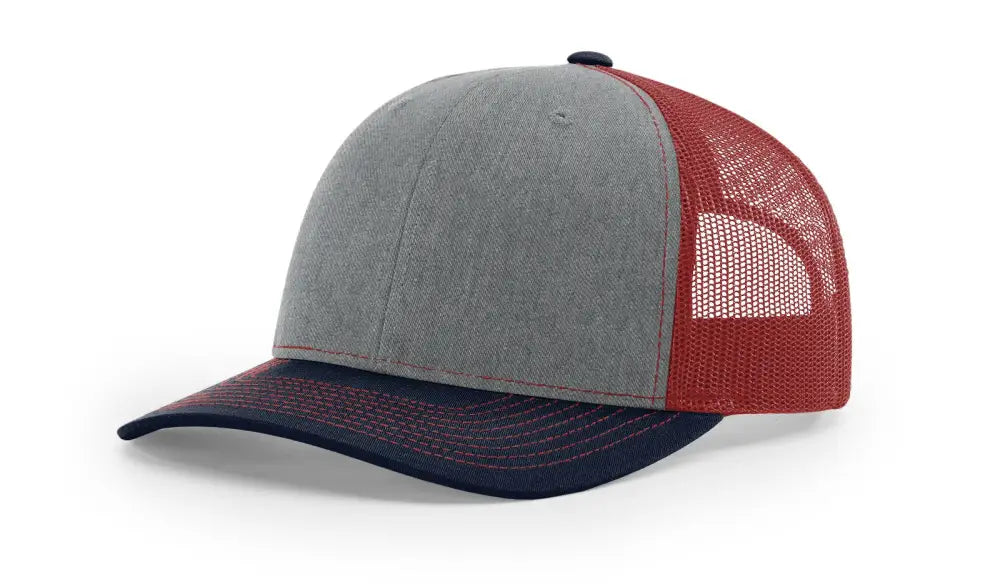Gray and red trucker hat with leather patch for first responders and firefighters