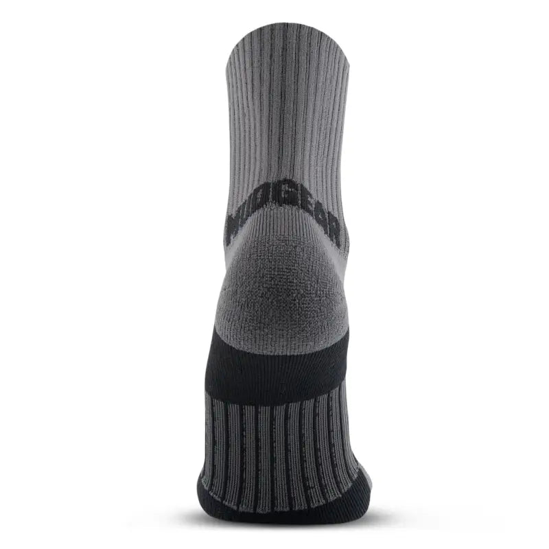 Gray ribbed MudGear 5” Crew Height Trail Running Sock with black heel and arch support