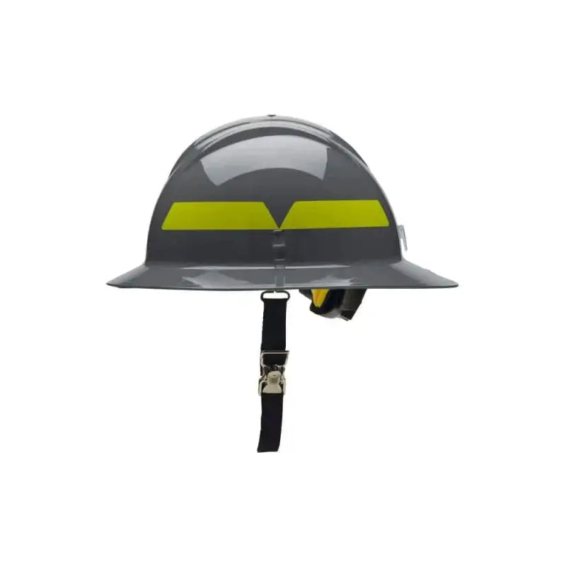 Gray Bullard Full Brim Wildland Helmet with Hi-Viz Lime Yellow Stripe and Chin Strap