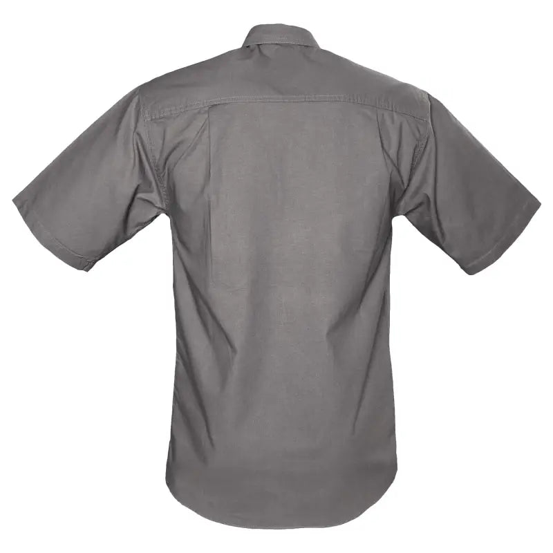 Gray short-sleeved button-up shirt with functional shoulder straps for essential outdoor use