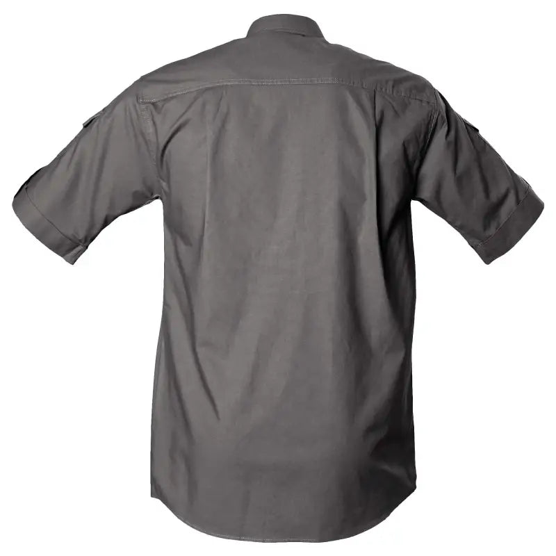 Gray short-sleeved Shooter Shirt for Men with embroidered buffalo logo seen from the back