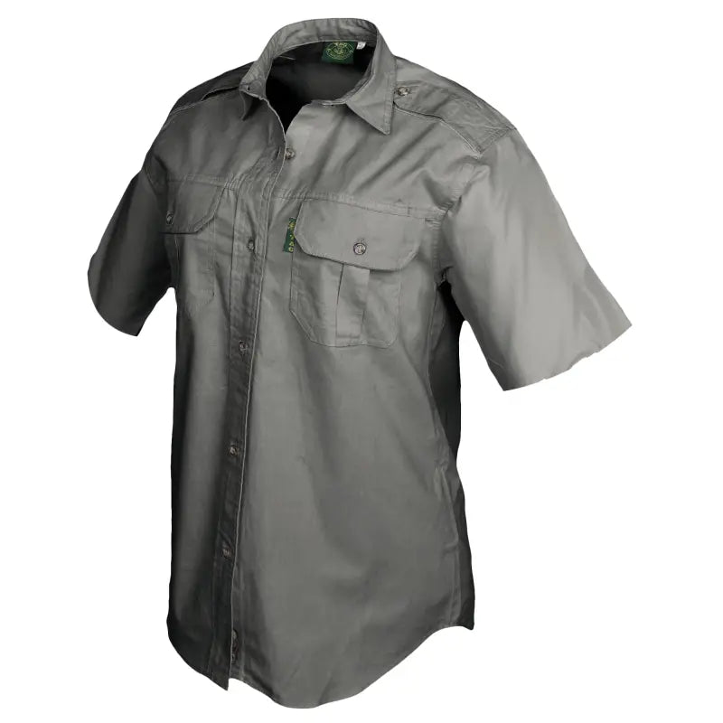 Gray short-sleeved Trail Shirt for Women with chest pockets, ideal essential outdoor gear