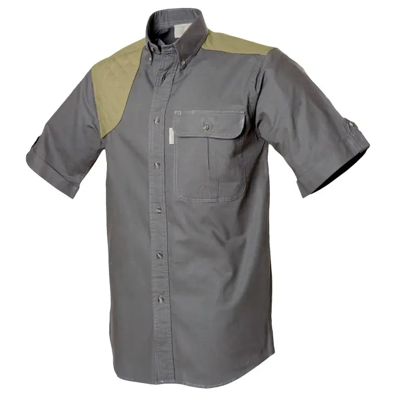 Gray Upland Shirt for Men with tan shoulder patch and chest pocket, ideal for first responders