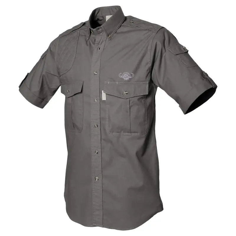 Gray short-sleeved tactical shirt with embroidered buffalo logo and chest pockets