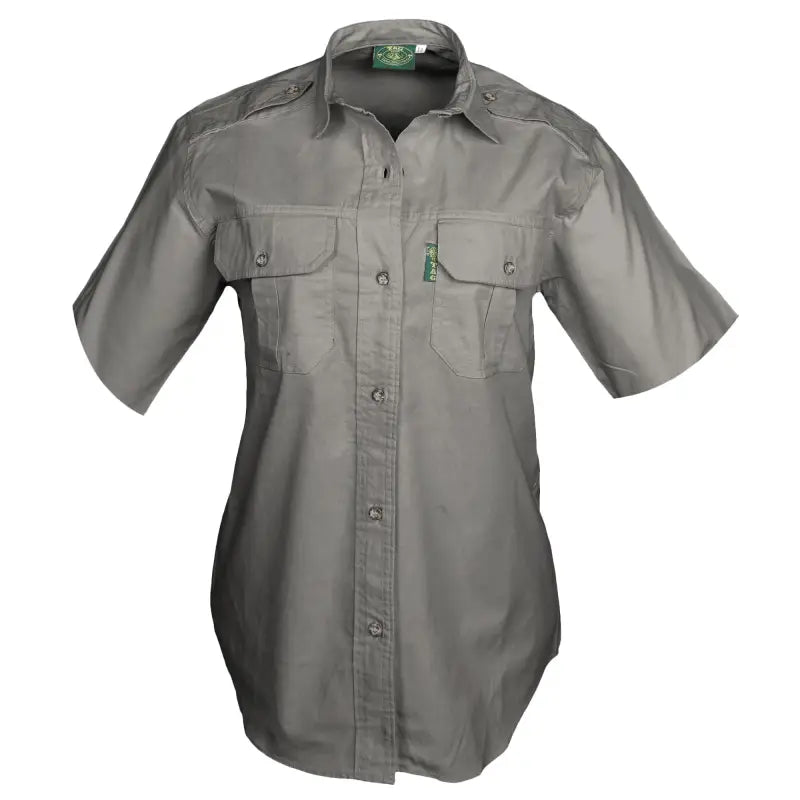 Gray short-sleeved button-up Trail Shirt for Women, essential outdoor gear with chest pockets