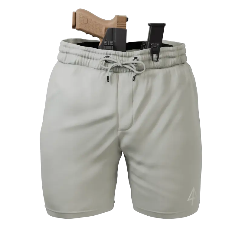 Gray carrier shorts with concealed carry holster by Arrowhead Tactical Apparel