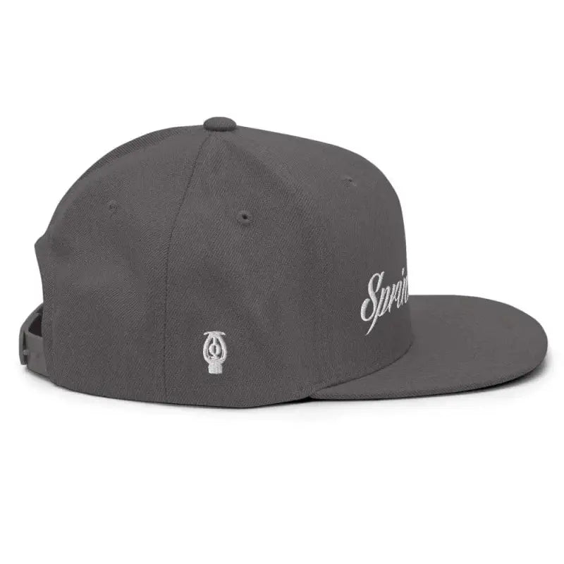 Gray Sprinkler Life Snapback Hat with white embroidery and small logo detail