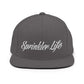 Gray Sprinkler Life Snapback Hat with white script embroidery on a stylish cap