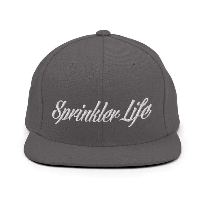 Gray Sprinkler Life Snapback Hat with white script embroidery on a stylish cap