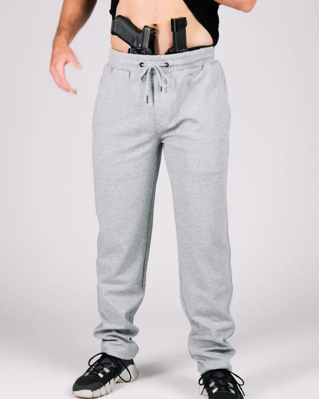 Gray Carrier Sweatpants Mk.II with patented carrier retention waistband and functional zipper fly