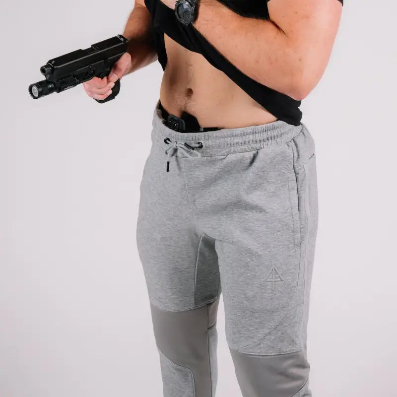 Carrier Joggers Mk.II gray sweatpants with knee patches, ideal for concealed carry and retention belt comfort