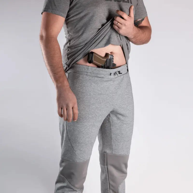 Gray Carrier Joggers Mk.II with knee patches, ideal for concealed carry and carrier retention