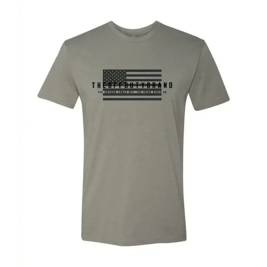 Gray Off Duty Valor Tee with black American flag design and text underneath