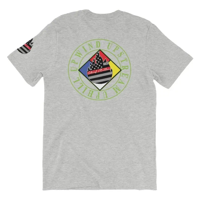 Gray Chief Miller Hazmat t-shirt with American flag logo and green text design