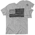 Gray t-shirt with distressed American flag, Old Glory safety yellow hi-vis t-shirt