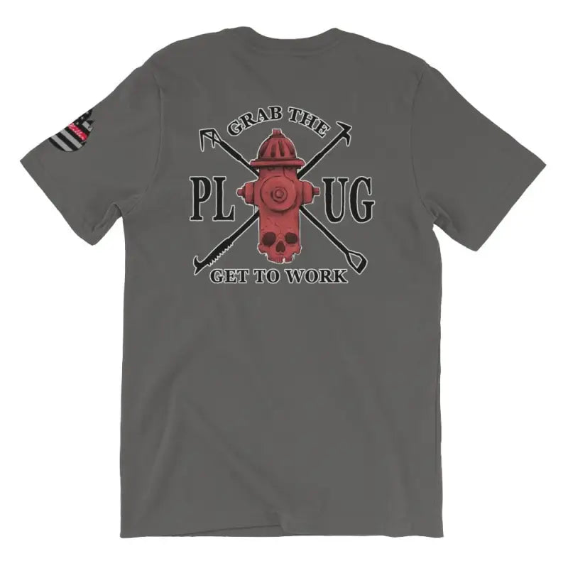 Gray heather t-shirt with red fire hydrant and crossed tools design on the back