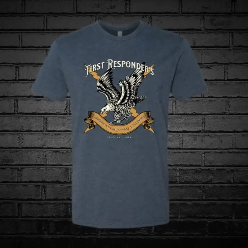 Gray First Responders eagle design on a men’s women’s cigar coffee shirt blue