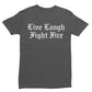 Gray Fight Fire Tee featuring white gothic text perfect for brigade wears