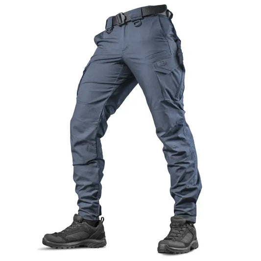 Gray M-Tac Tactical Pants Aggressor Gen.II Flex with pockets and black hiking boots