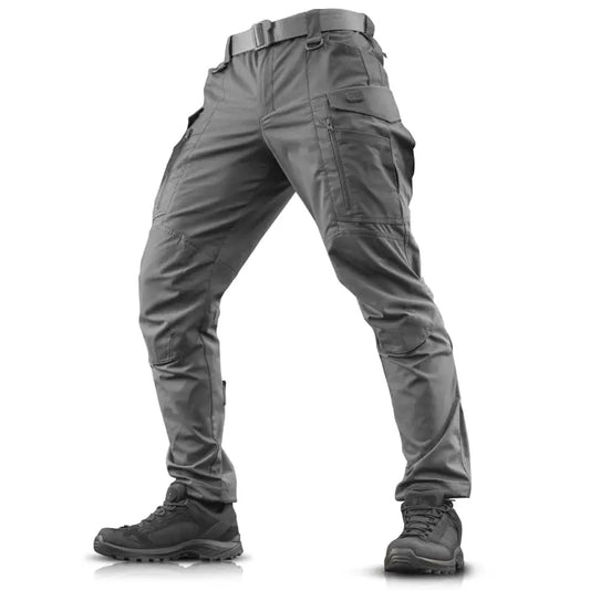 Gray M-Tac Tactical Pants Conquistador Gen I Flex with pockets and black combat boots