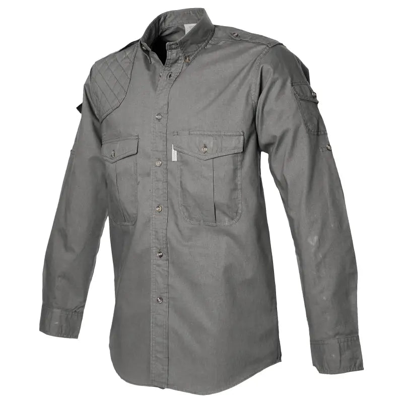 Gray tactical long-sleeve Shooter Shirt for Men with shooting patch and chest pockets