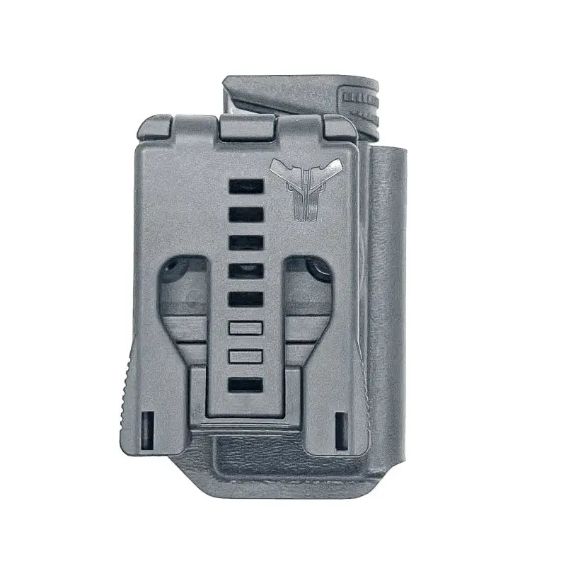Gray tactical magazine holster with magazine retention device by Four Brothers Holsters