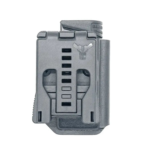 Gray tactical magazine holster with magazine retention device by Four Brothers Holsters