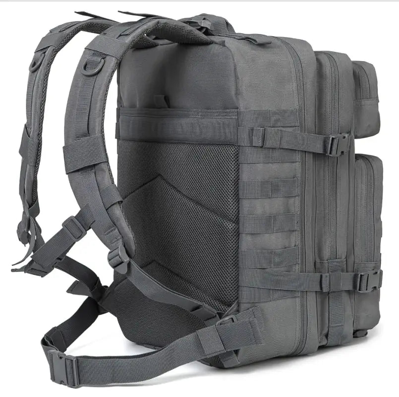 Gray tactical military-style All-Terrain Backpack with MOLLE webbing and first aid supplies